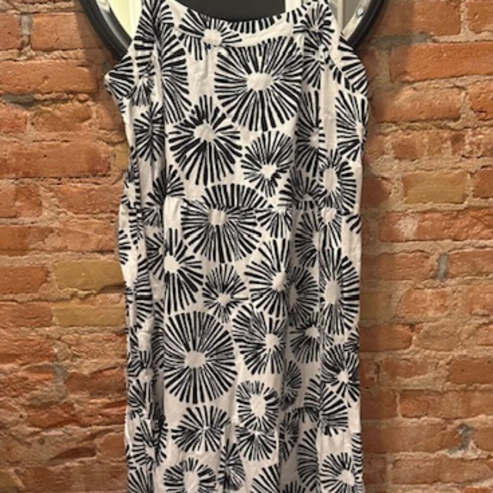 Ann Taylor LOFT Black White Firework Tiered Square Neck Midi Swing Dress